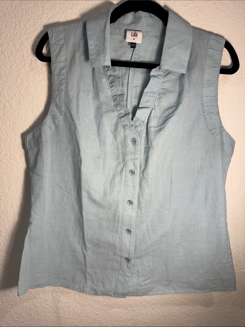 cabi Playa Shirt Light Blue Cotton Linen Sleeveless Ruched Blouse - Size M